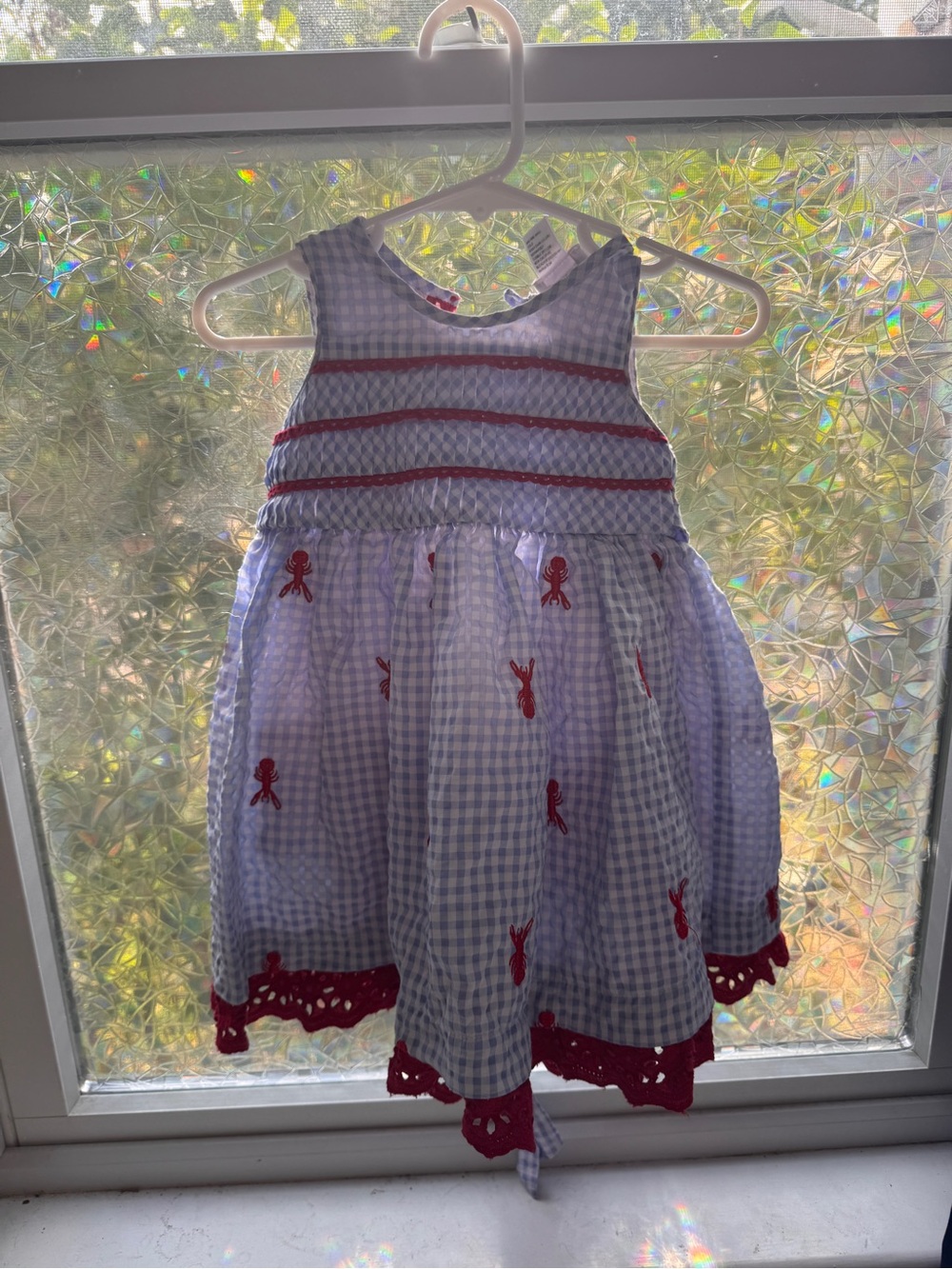 Girls' Blue Gingham Dress with Red Lobster Embroidery 18M